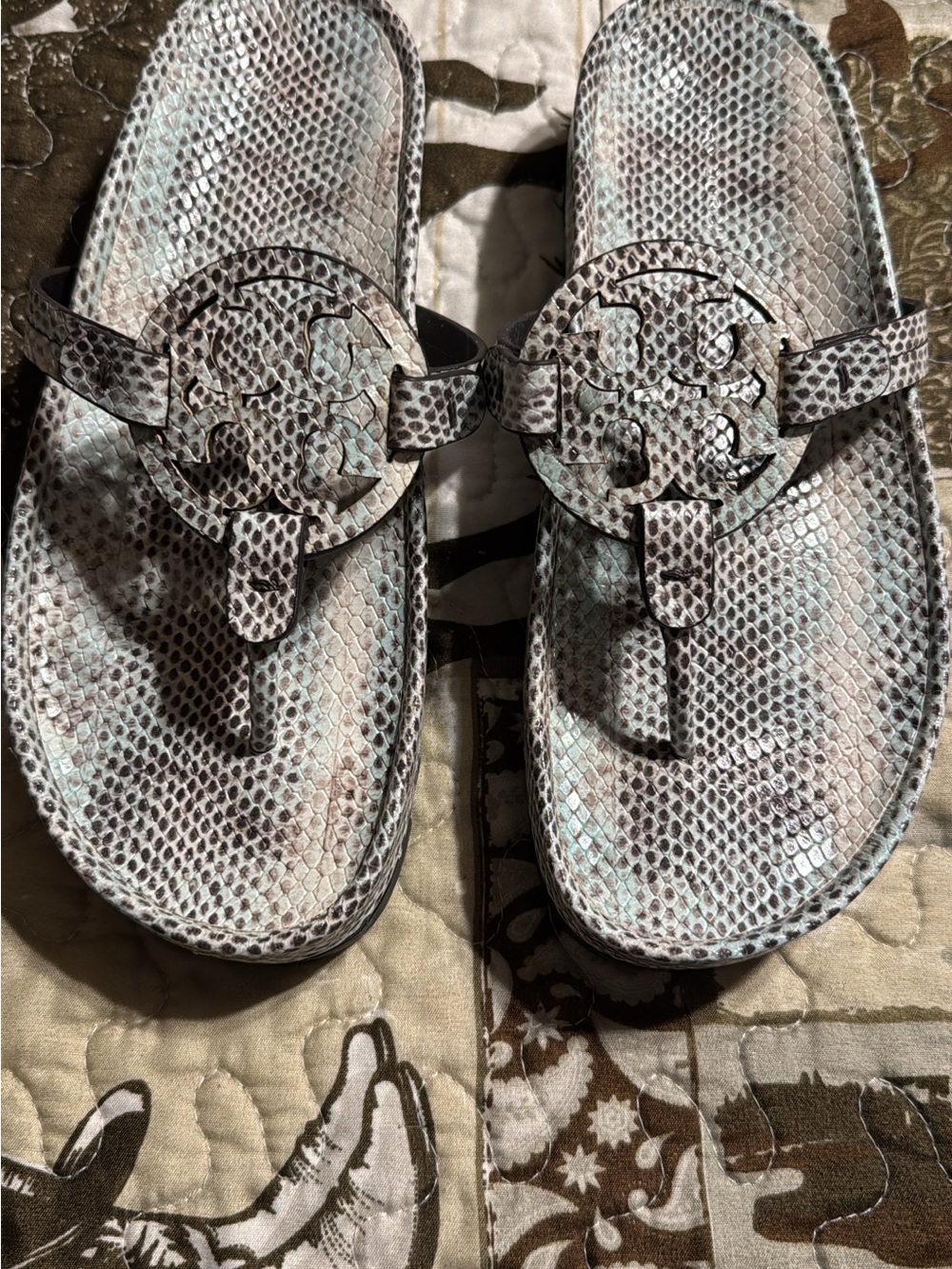 Tory Burch Snakeskin-Pattern Thong Sandals in Light Gray and Pale Blue